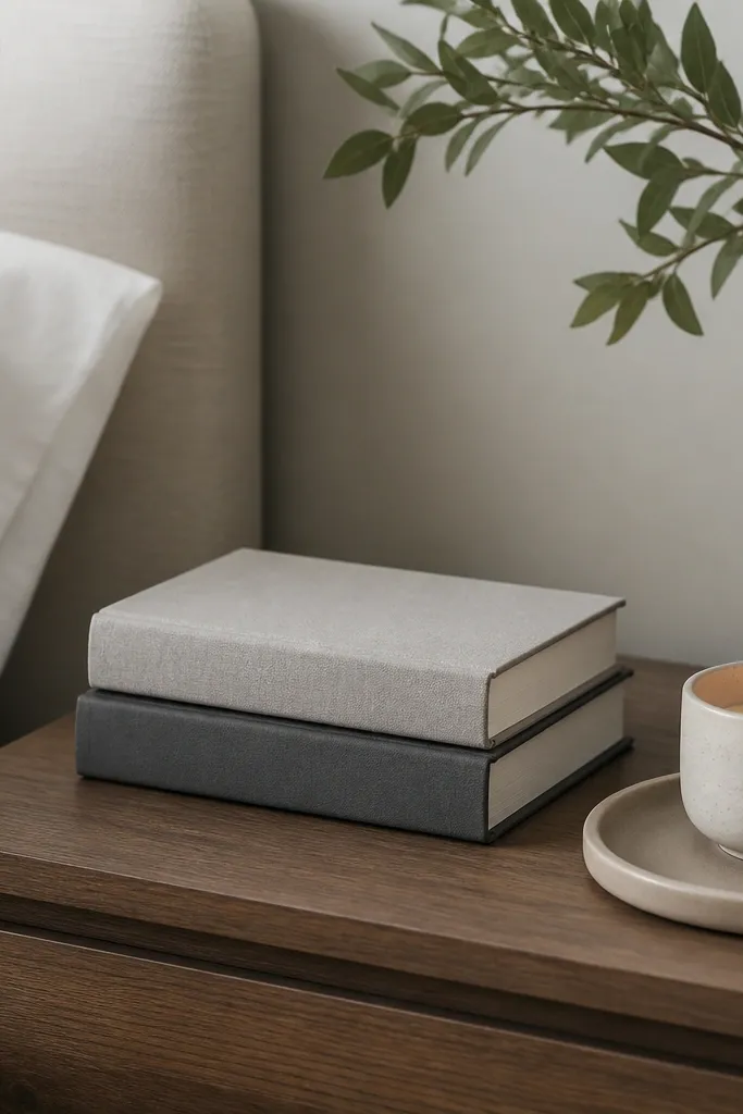 A bedside table with a neat vertical stack of two books, their spines facing out. A small ceramic candle sits beside the stack on a tray.
