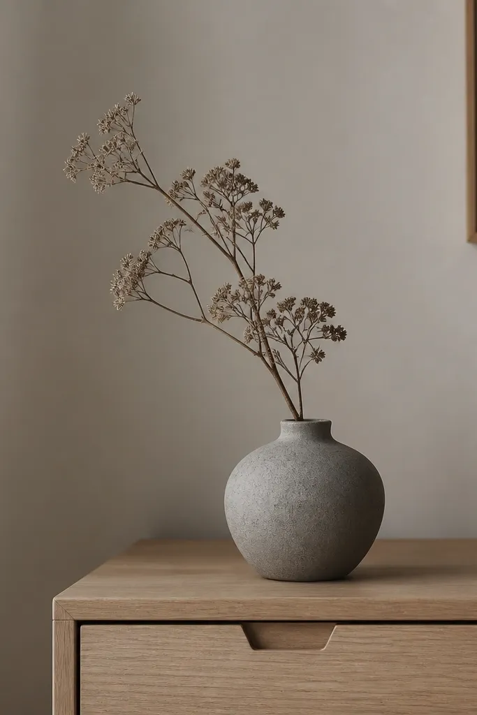 A small matte stone-gray vase on a dresser with one branch or a few dried stems. The vase has a slightly irregular texture and no glossy shine.