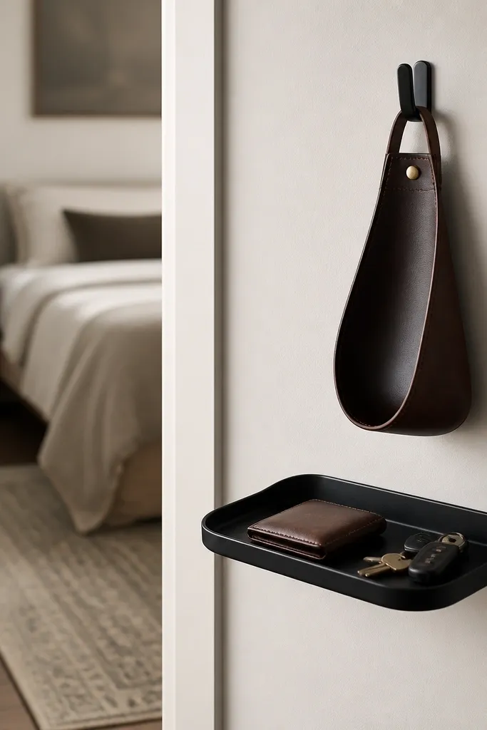 A small entry wall near the bedroom door with a matte black hook and a matching wall tray. A leather valet and keys sit neatly, with a neutral runner partially visible.