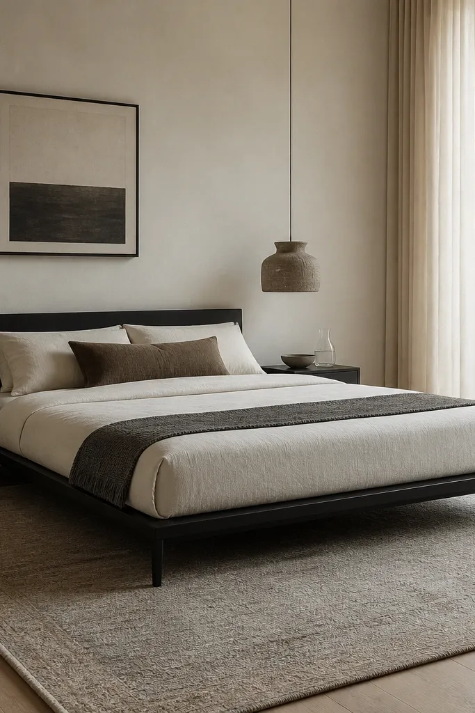 A modern low bed frame in dark wood or matte black metal. The legs are slim, and the bed sits close to the floor. Bedding is neatly tucked and the rug anchors it.