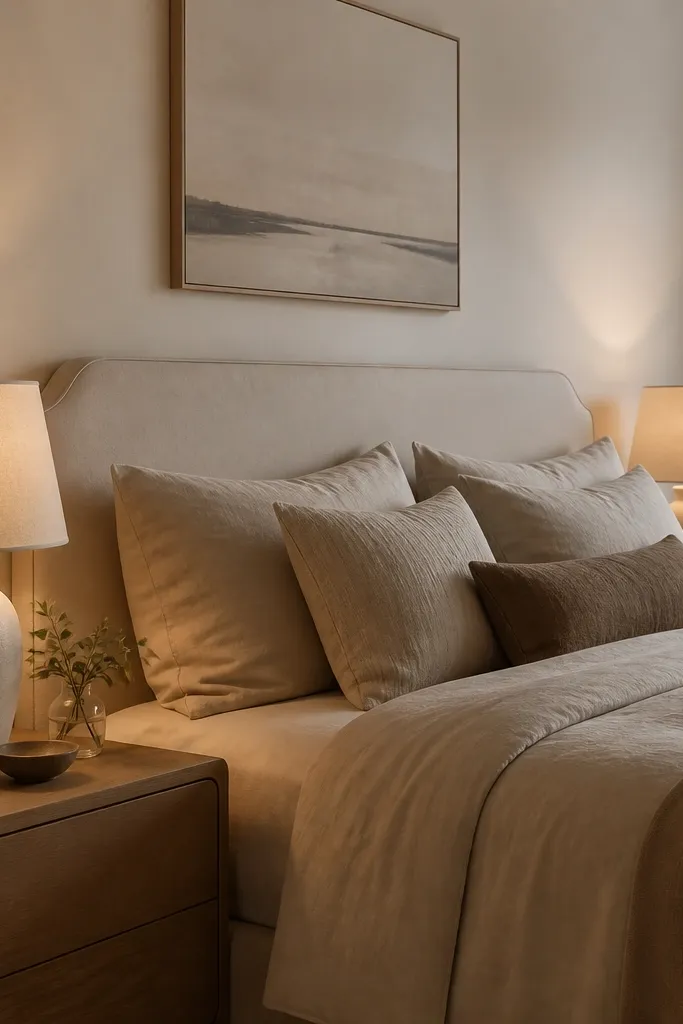 A bedroom nightstand with a cream ceramic lamp and a beige linen shade; warm light fills the wall behind the bed, with a second small lamp in a matching style on the other side.