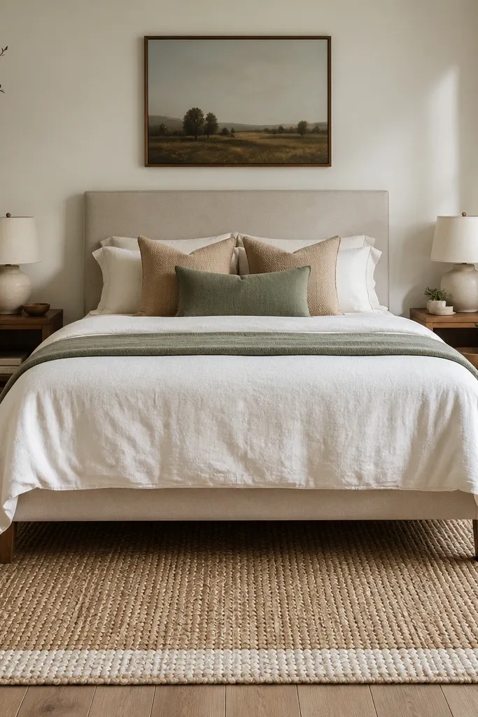 A queen bed centered on a woven jute-and-cream rug; the front legs of the bed sit on the rug and the rug extends evenly past both bed sides.
