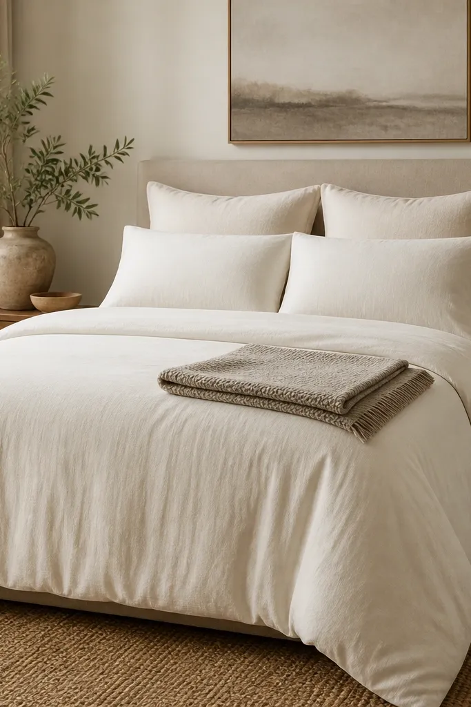 A bed styled with a cream duvet that falls evenly over the sides; two Euro shams, two standard pillows, and a folded oatmeal throw at the foot.