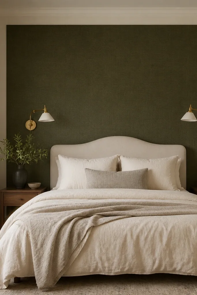 Behind the bed, a dark olive fabric panel or peel-and-stick wallpaper section; the bed sits centered in front with cream bedding and brass sconces.