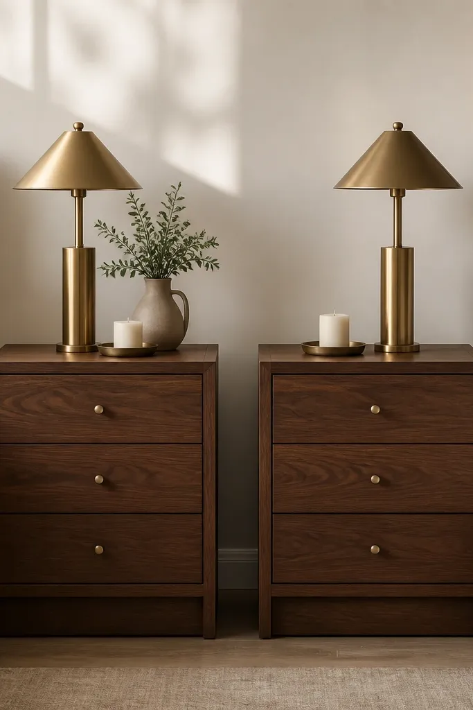 A pair of matching walnut-tone nightstands with simple drawers; each has a matching brass lamp and a small tray holding a candle.