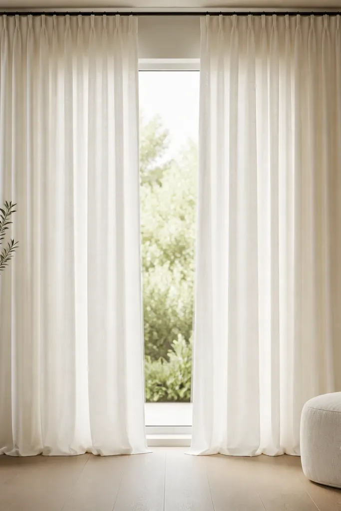 Floor-length linen curtains in warm white, hanging from a ceiling-mounted rod; they fall smoothly with a slight break at the floor.