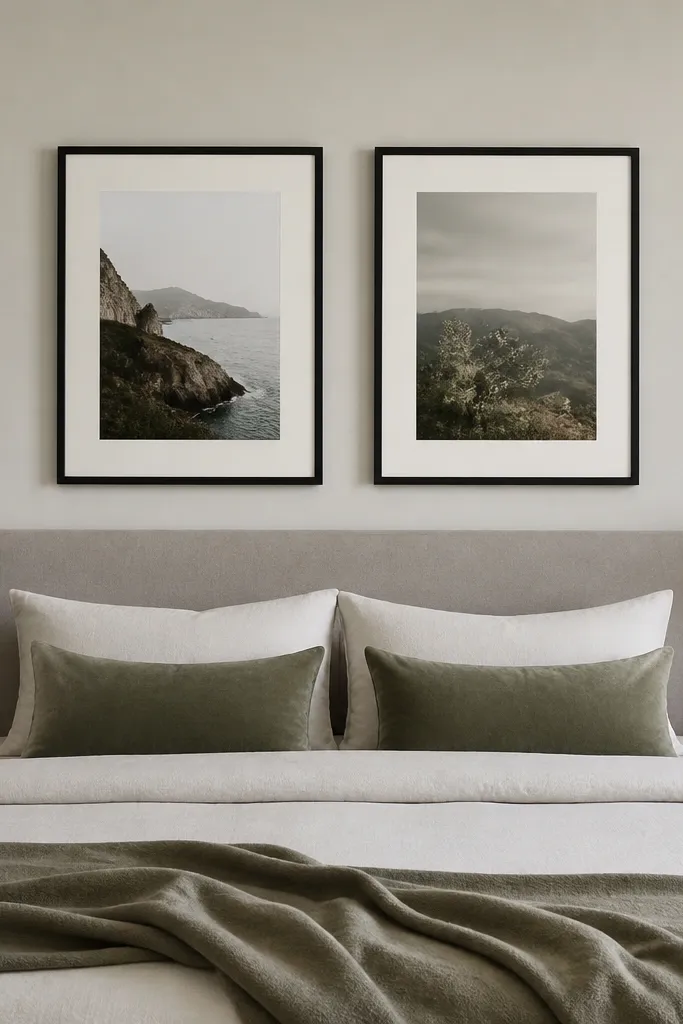Two framed prints flanking the bed headboard, aligned and evenly spaced; frames are black matte with off-white mats.