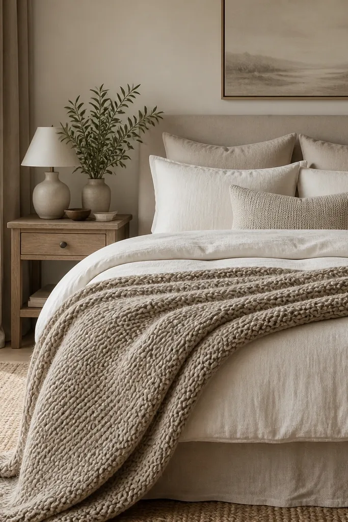 A chunky knit throw in oatmeal draped over the foot of the bed; the duvet is cream with subtle texture and the pillows are layered neatly.