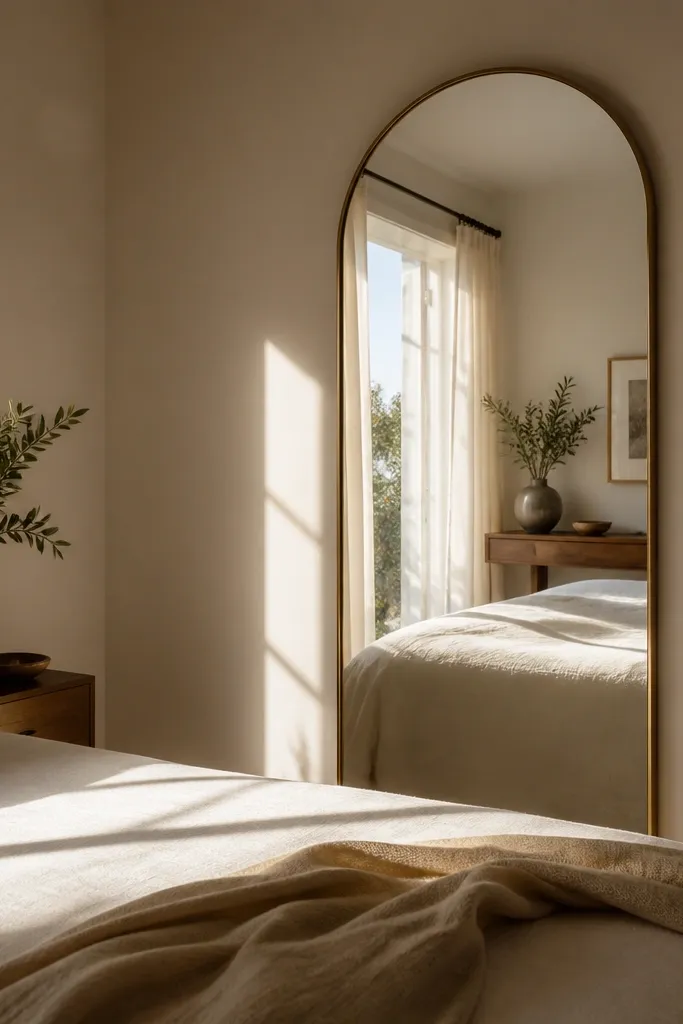 A tall arched mirror with a thin brass frame on the wall across from a window; sunlight reflects into the bed area.
