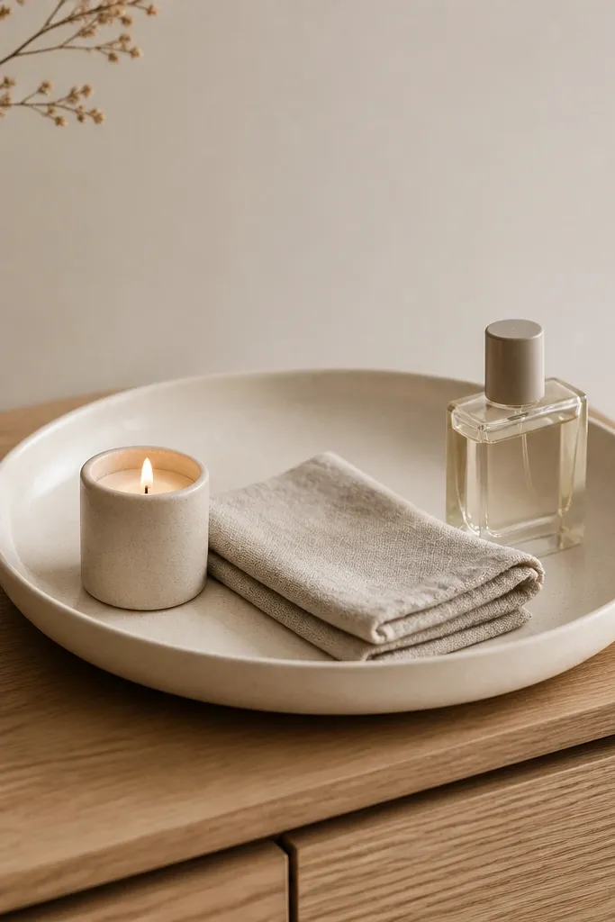 A neutral dresser with a large ceramic tray; inside are a small candle, a folded linen hand towel, and a minimal perfume bottle; background is clean and uncluttered.