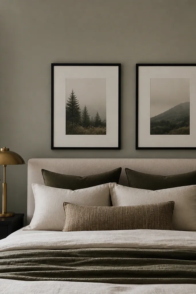 Matte black picture frames, brass lamp bases, and a brass curtain rod finial; all metals match across the bed wall and nightstands.