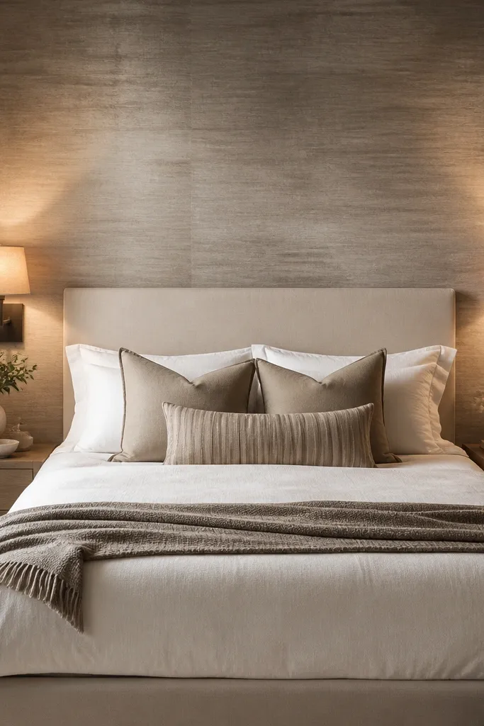 Wall sconces with fabric shades on both sides of the bed; warm light spills across a textured accent wall and the bed looks evenly lit.