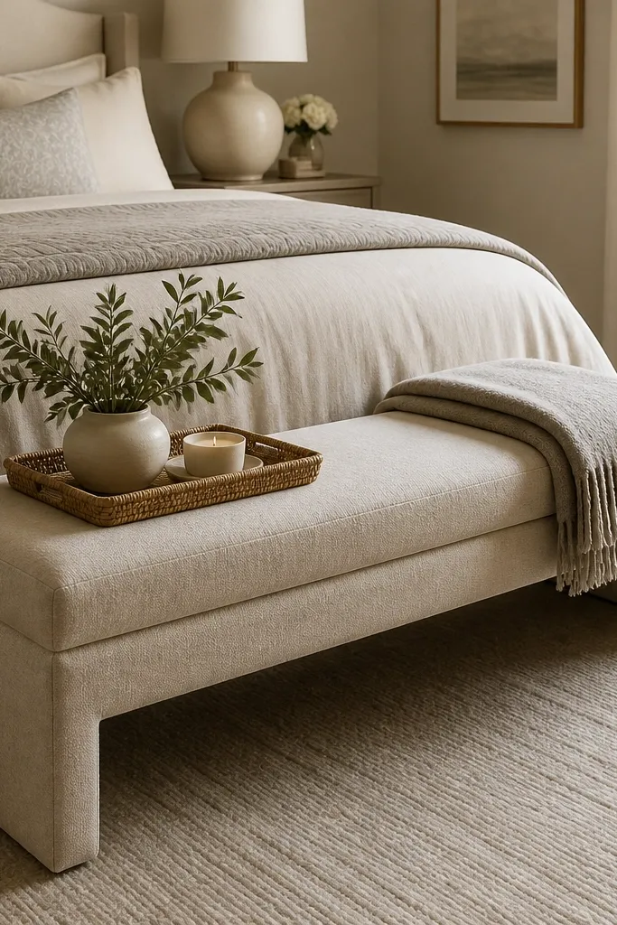 A narrow upholstered bench in a warm neutral fabric placed at the foot of a bed; a small tray and a folded throw sit on top.