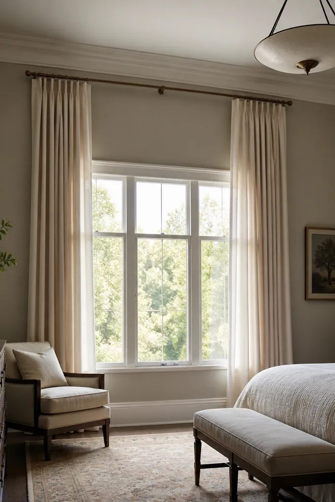 Curtains hang from a rod mounted near the ceiling line; the window trim sits below and the room ceiling looks taller.