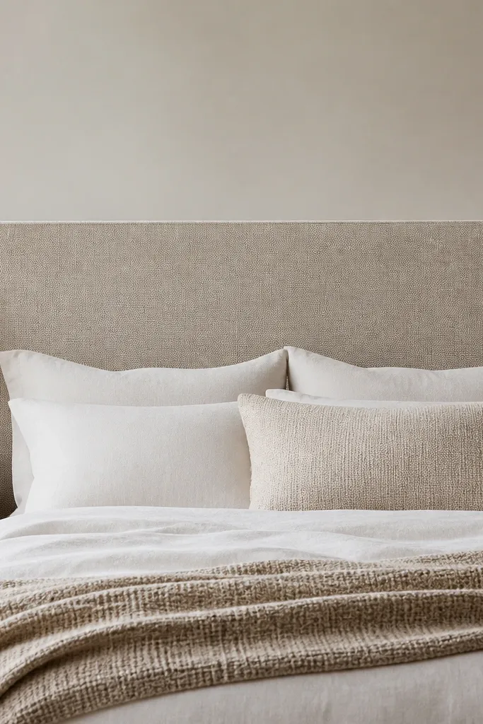 A bed with a simple upholstered headboard in oatmeal fabric; the wall behind is neutral and the headboard edges are straight and aligned.