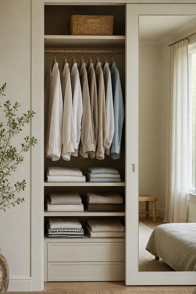 A tall wardrobe or closet area with a mirror panel; inside is neatly hung linen shirts and folded stacks, and the top shelf is styled with one basket.