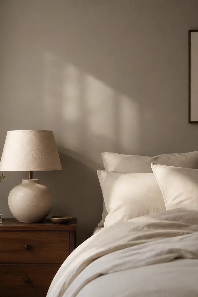 A bedroom wall painted warm greige with a matte finish; a single linen lamp shade and cream bedding make the wall look smooth and cozy.
