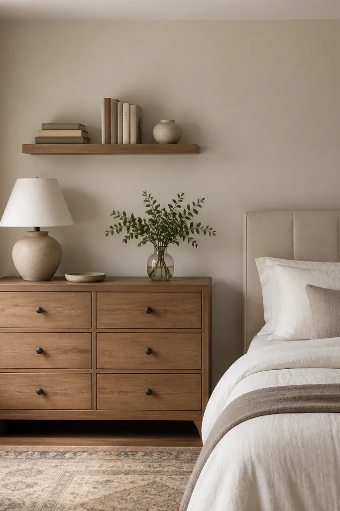 A small floating shelf above the dresser with a few books stacked horizontally and vertically, plus one ceramic vase; the bed wall remains clean on the other side.