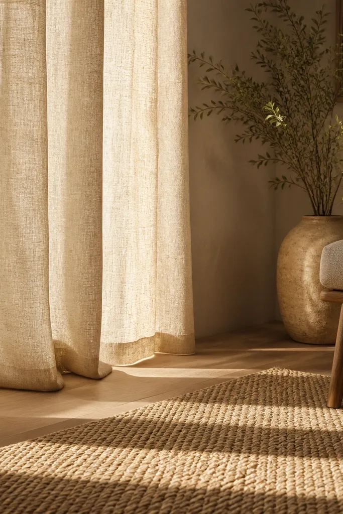 Warm oatmeal linen curtains and a woven rug with similar neutral tones; both fabrics show a visible weave under warm light.