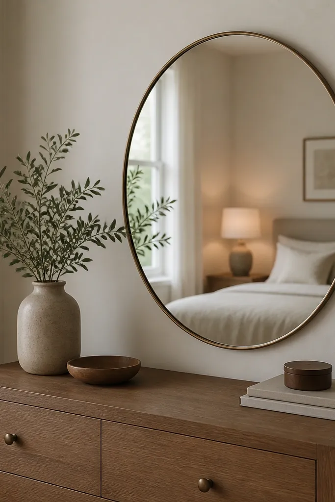 A medium round or oval mirror with a thin simple frame above the dresser; the reflection shows the bed and warm lamp glow.