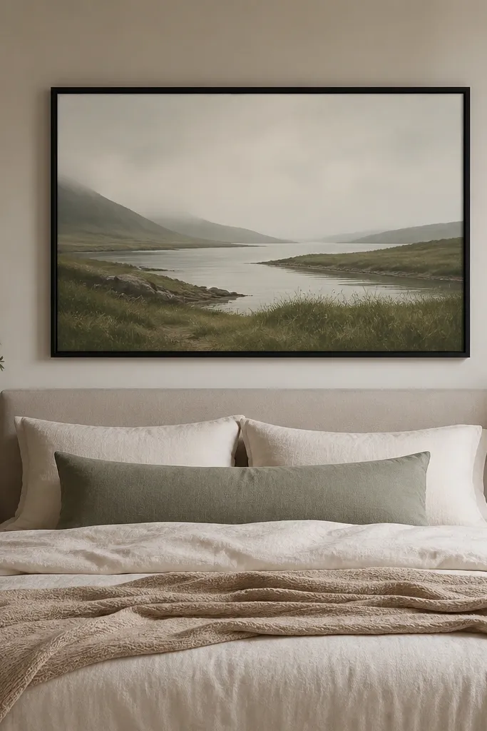 A bedroom wall with a large framed print centered above the bed. The art width is about three-quarters of the bed width. The frame is matte black, and the bedding is cream with a muted sage pillow.