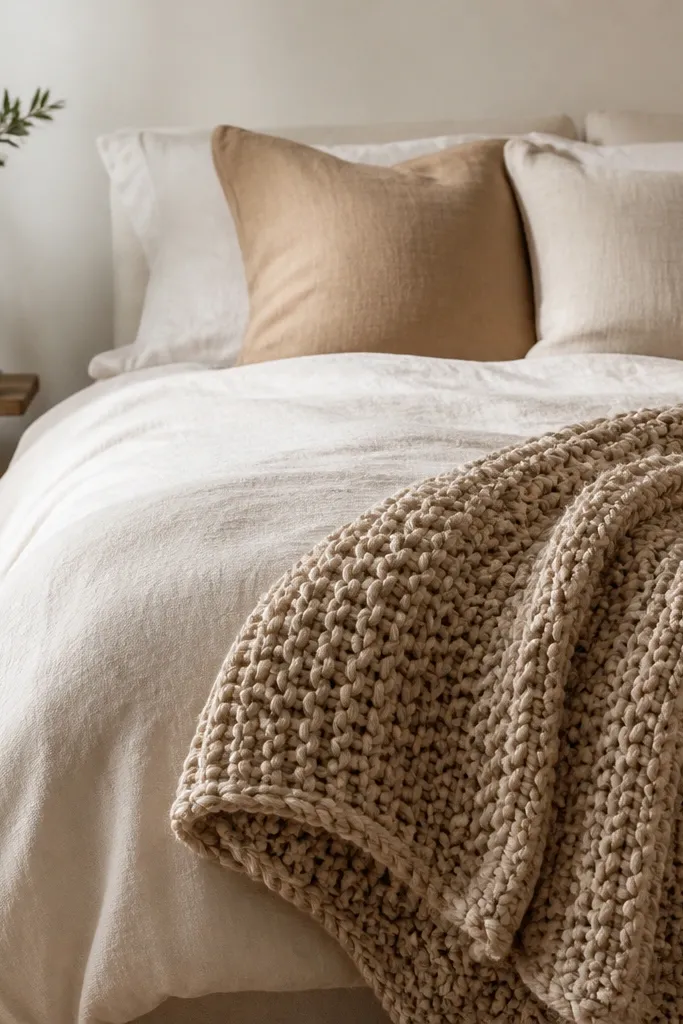 A bed styled with a cream duvet, two pillows in sand and oat, and a thick chunky knit throw draped over the side. The knit throw has visible loop texture and a folded edge near the foot of the bed.