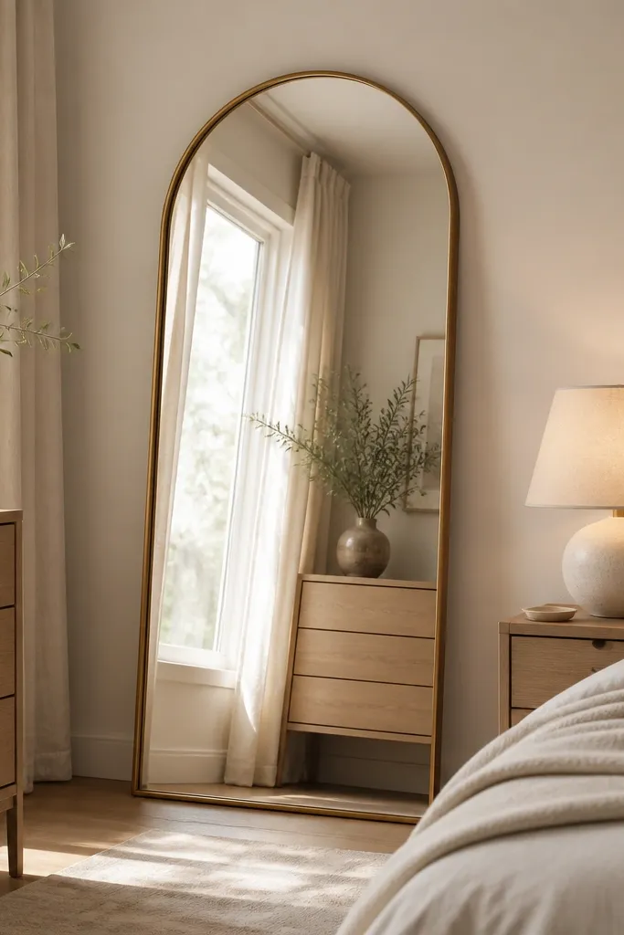 A tall arched mirror leaning against a wall across from a window. The room has light curtains, a light wood dresser, and a warm white lamp on a nightstand.