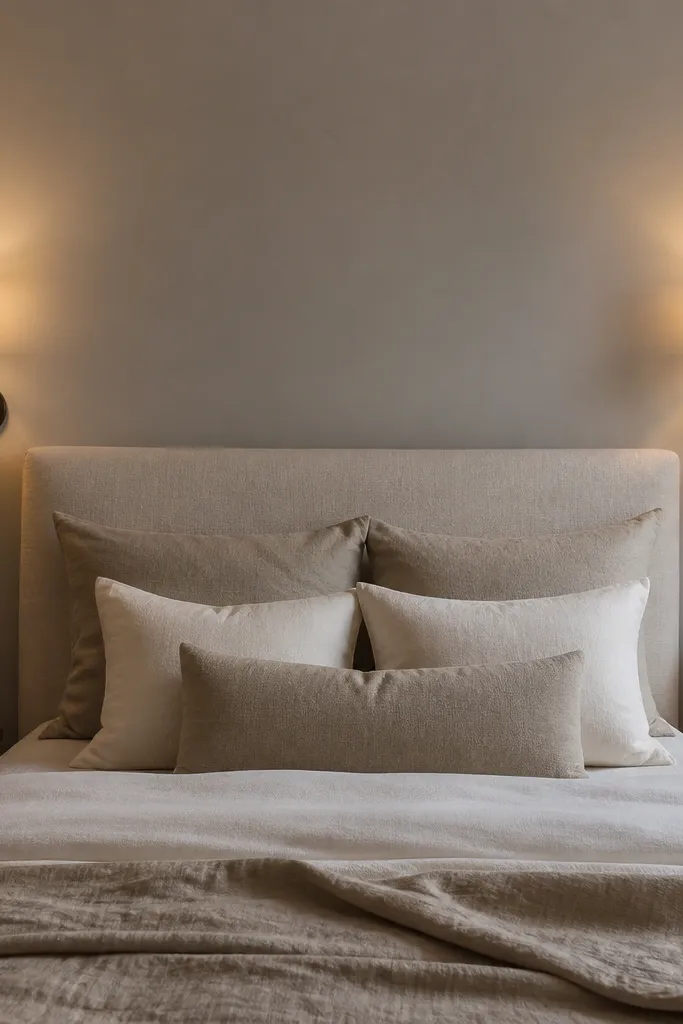 Two wall sconces flanking a headboard. The bulbs are warm white, and the wall is painted a soft warm gray. Bedside tables are minimal with a single framed photo.