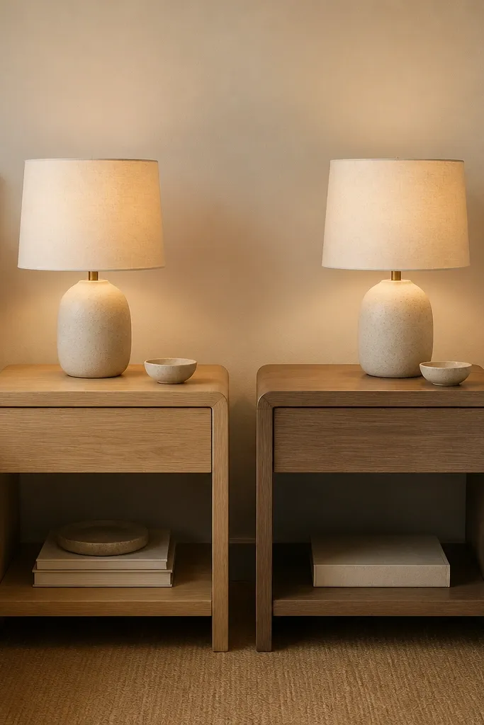 Two bedside tables with the same shape but different colors. One is light oak, the other is a pale walnut. Each has a warm lamp and a small ceramic dish.