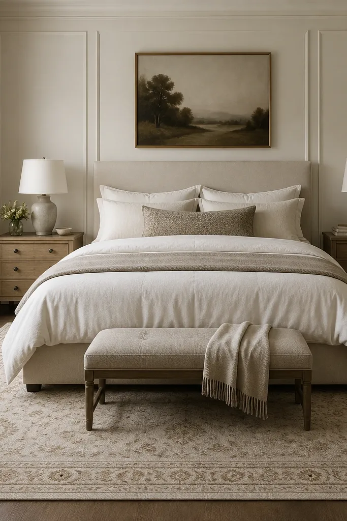 A large area rug under the bed that extends beyond the sides. The rug edges sit under the nightstands and show a border pattern in muted beige.