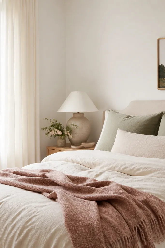 A bedroom palette where duvet is cream, pillows are sage and oat, and a throw is dusty rose. The curtains are a soft off-white, and the wall is painted warm white.