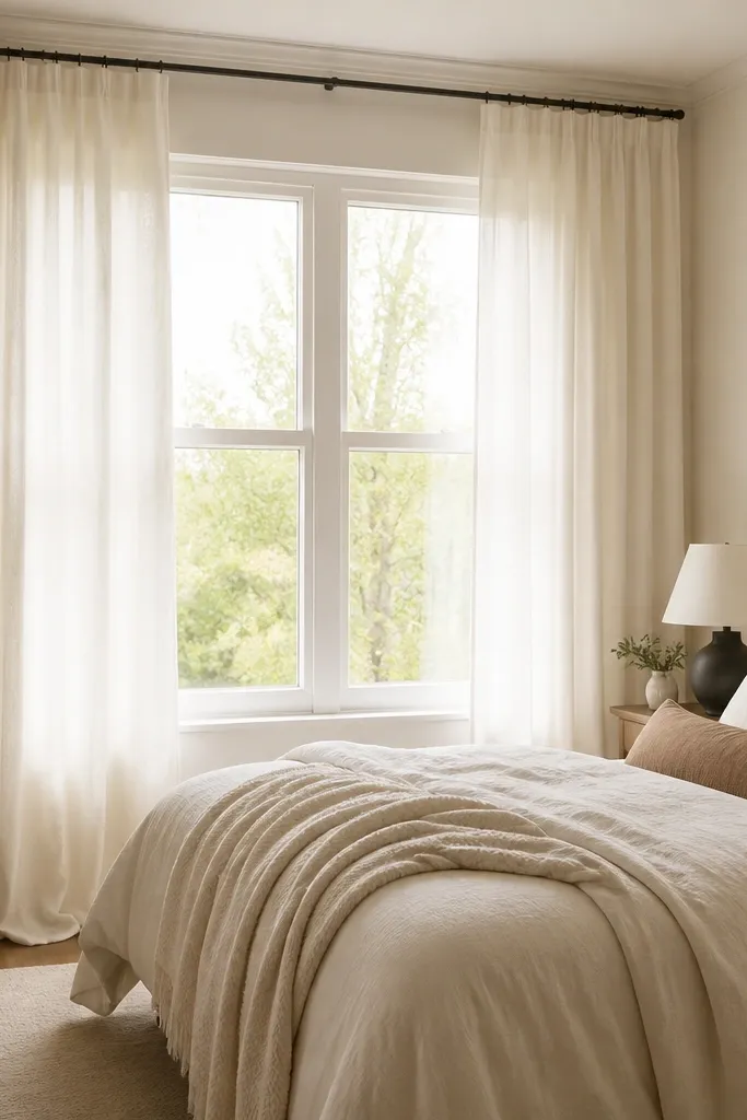 Floor-length curtains in warm white linen. The curtain rod is mounted high under the ceiling line. The fabric pools slightly at the bottom, and the bed is in front of a window.