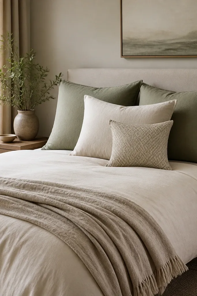 Bed with four pillows: two solid sage, one solid cream, and one small square pillow with a subtle geometric pattern. The duvet is cream and the throw is neutral.