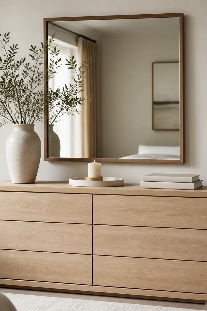 A dresser with a framed mirror above it. On top: a tall ceramic vase, a short tray with a candle, and a small stack of books. The dresser is light wood.