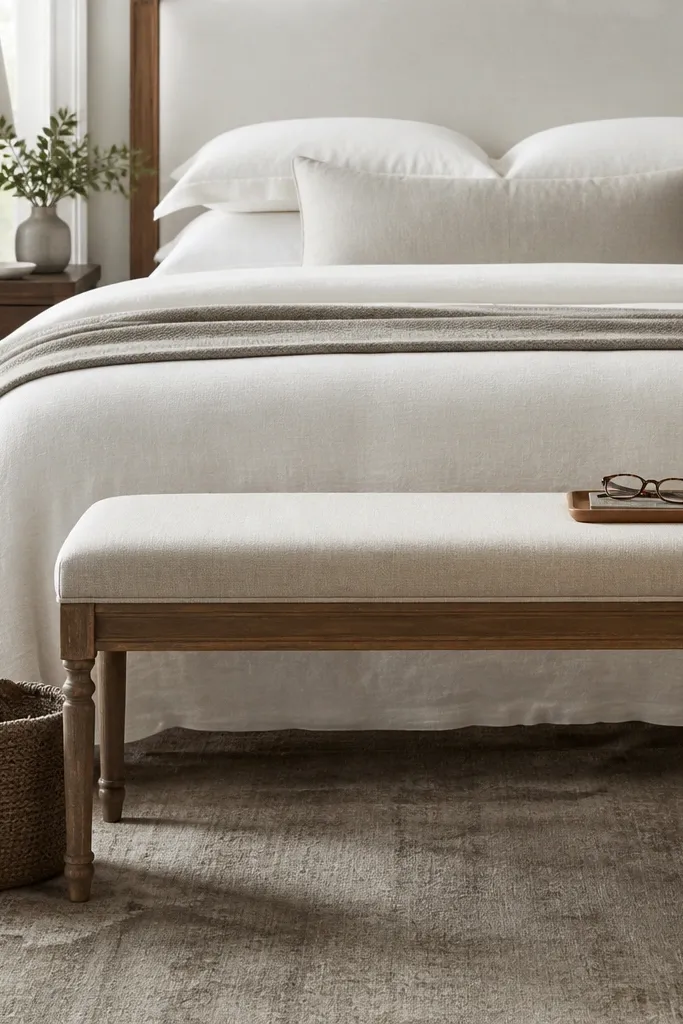 A small upholstered bench at the foot of the bed with a linen cushion. A woven basket sits beside it and a small tray holds a pair of reading glasses.