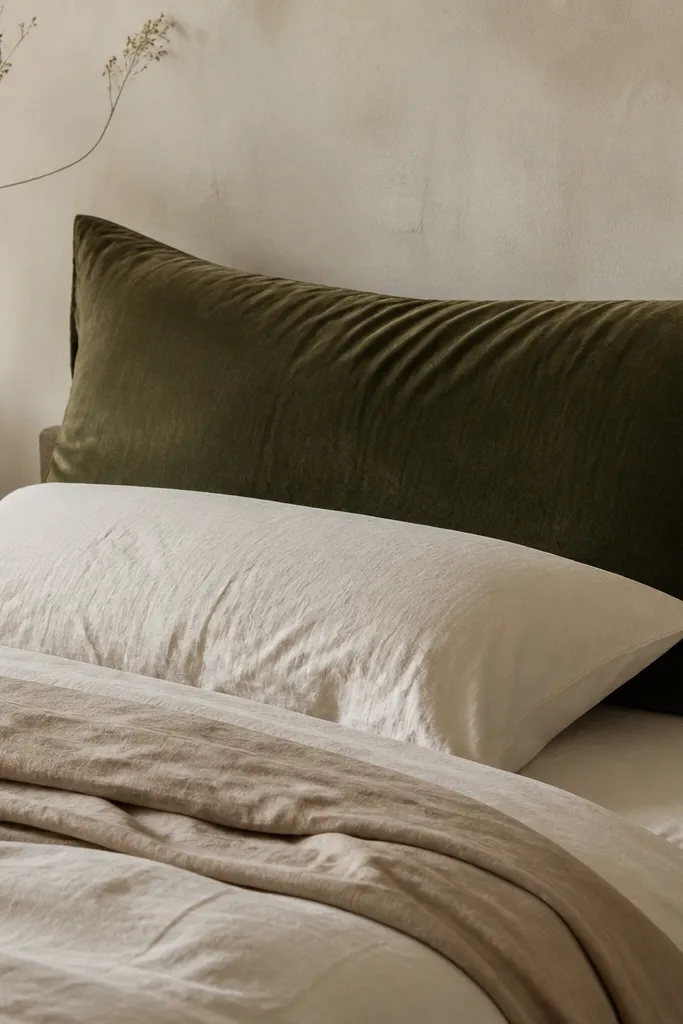 A headboard area with a large pillow in deep olive velvet. The rest of the bedding is neutral cream and light tan, and the pillow sits against the wall behind the headboard.