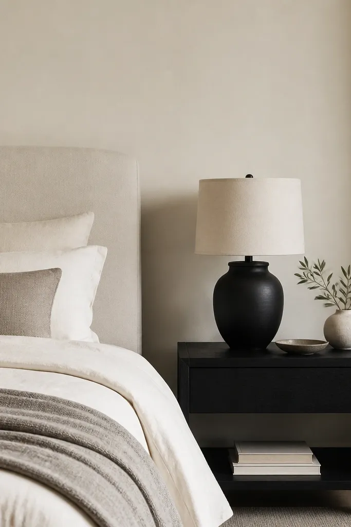 A nightstand lamp with an off-white fabric shade. The shade color matches the wall paint, and the base is matte black. The bed has cream bedding and a warm gray throw.