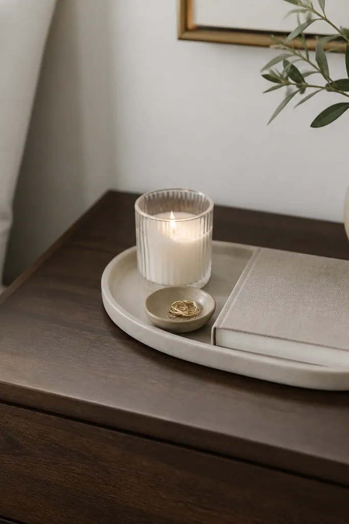 A small oval tray on a nightstand with a glass candle, a small dish for rings, and a neatly placed book. The nightstand surface is otherwise clear.