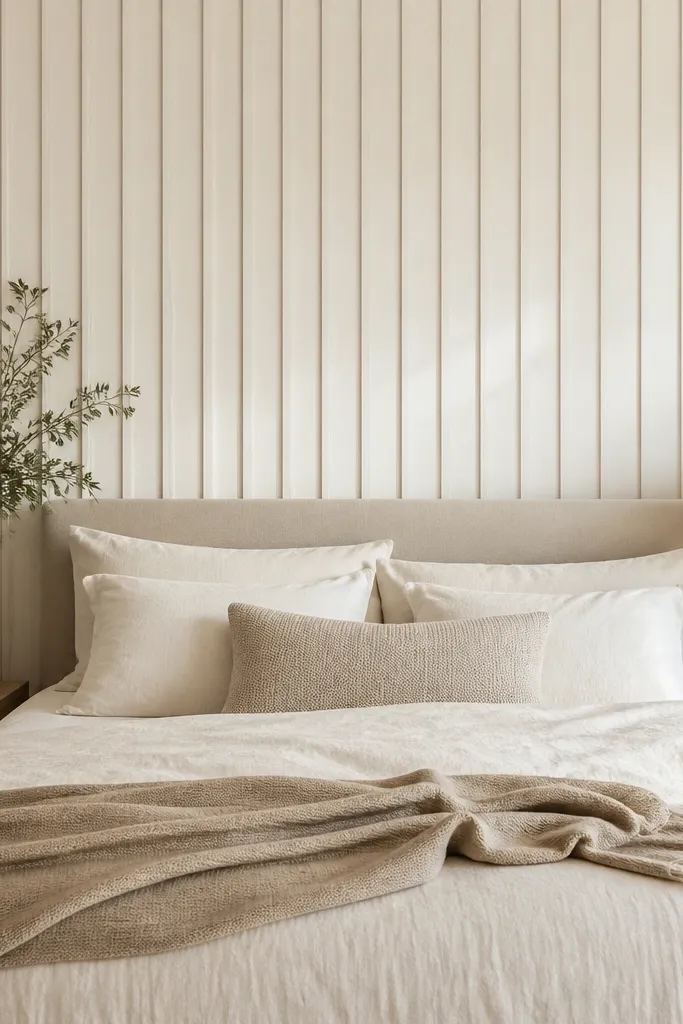 A bedroom wall behind the bed with vertical peel-and-stick panels in off-white. The panels create subtle shadows. The bed has cream bedding and a beige throw.