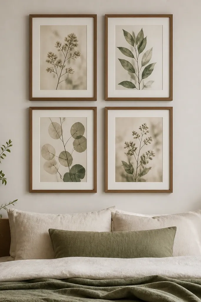 A gallery wall above a bed with four frames in a neat grid. The frames are all the same matte wood finish, and spacing between them is even. The art has muted botanical prints.