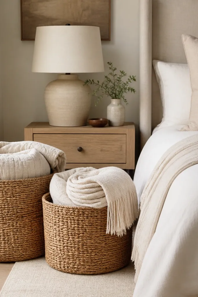 Two woven baskets in natural color next to the bed. One holds extra blankets, and the other holds rolled towels or a throw. A neutral lamp sits on the nightstand.