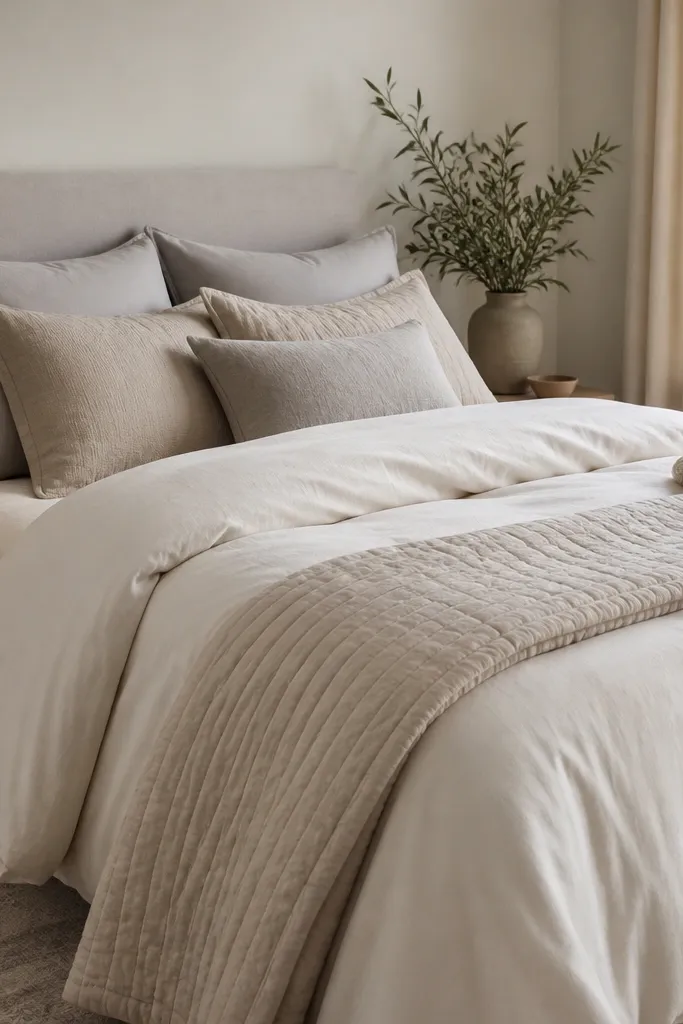 A bed with a neutral duvet cover in warm white, a fitted sheet in cream, and a light beige quilt folded at the foot. Pillows are in oat and warm gray, and a small knit throw is at the side.