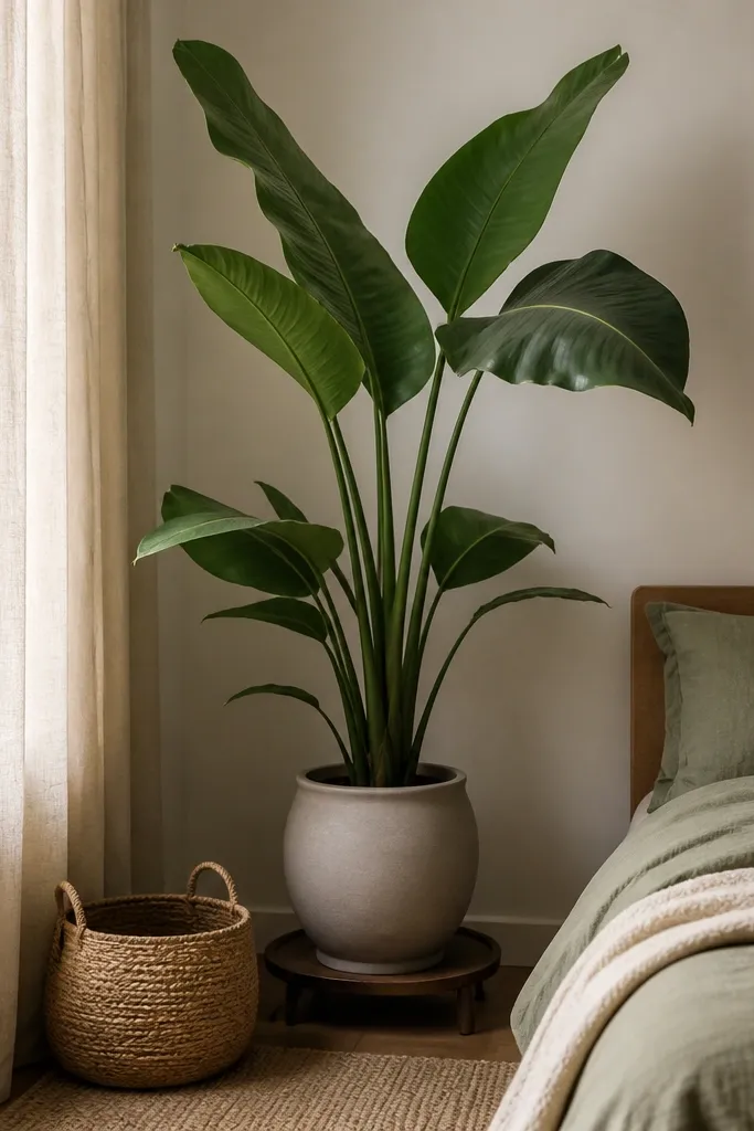 A single tall potted plant with oversized leaves in a matte ceramic pot near the corner by the bed. Under it is a small plant stand or tray, and there's a woven basket nearby.