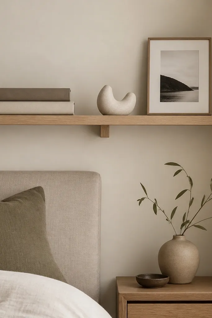 A slim wall shelf above a nightstand. On it are two stacked books, one small ceramic sculpture, and a framed photo. The shelf is light wood with a minimal bracket.