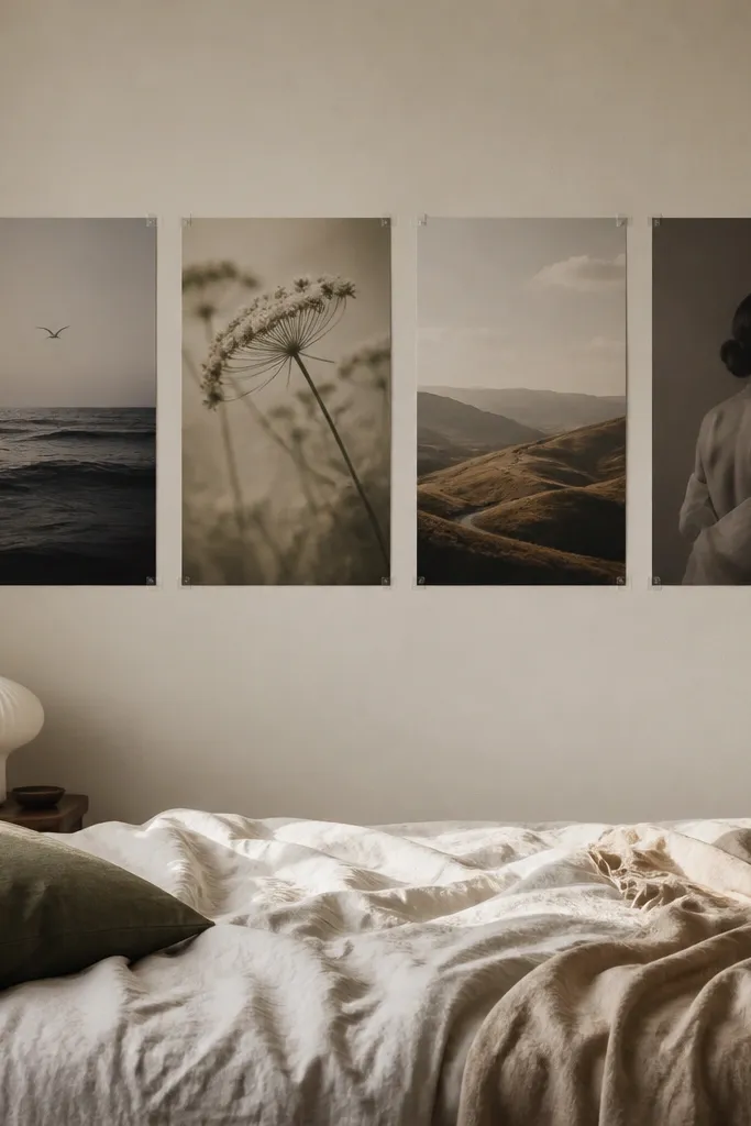 A bedroom wall with four vertically oriented posters arranged in a tight gallery strip. Each print is mounted using clear poster mounting strips at the corners, and the spacing is perfectly even. Frames are not used; the posters look flat and matte, with a level-guided alignment.