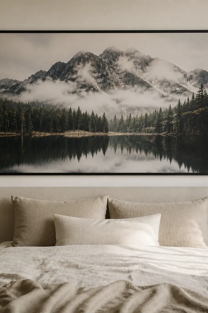 One large landscape poster centered above a bed. The poster is held by two removable hooks or adhesive hanging strips near the top corners, leaving the paper flat. The bed has a neutral duvet, and the poster has a dark border that frames it cleanly.