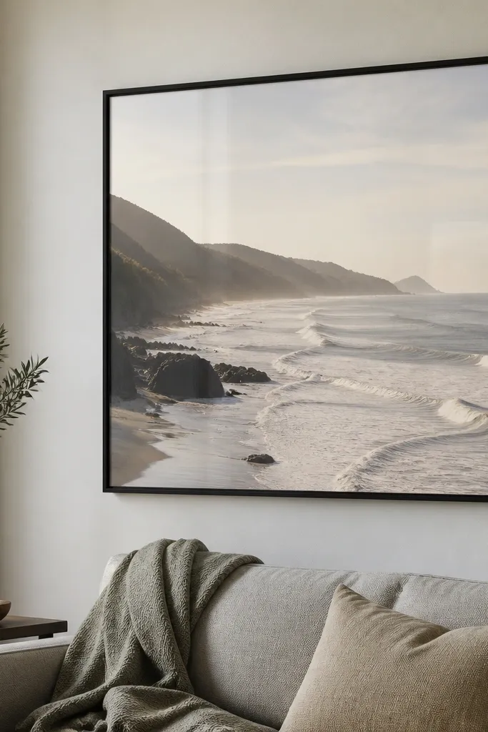 A large framed print with a thin black frame and anti-glare acrylic. The frame is mounted using removable adhesive hangers at the top corners. The glass catches light softly without glare, and the print looks crisp.