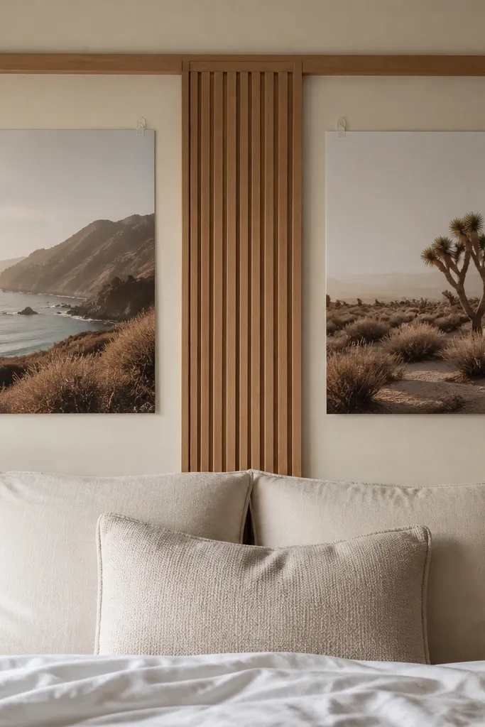 A bed wall with two medium square posters flanking a narrow strip of wood or acrylic that looks like a headboard panel. The posters are mounted with removable hooks, and the center area is framed by the rail-like piece.