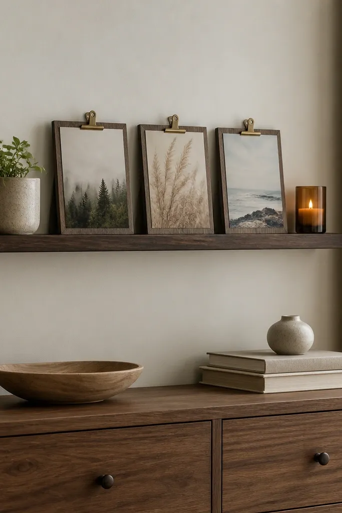 A narrow floating shelf above a dresser holding three small clip frames. Each frame contains a different poster, and the clips are visible at the top. The shelf is styled with a candle and a small plant pot.