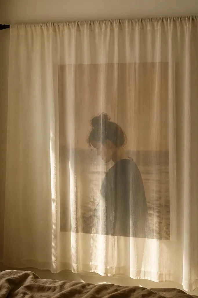 A bedroom wall where a poster is mounted behind a sheer cream curtain panel. The curtain hangs from a tension rod, and the poster shows through with soft contrast. The look is warm and diffused.